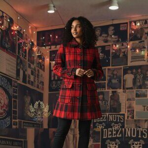 BB Dakota Coat Womens Size Medium Black Red Plaid Skull Button Details